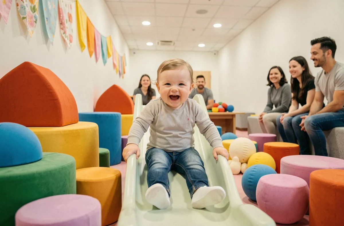 Tout-petit descendant un toboggan coloré dans l'espace sécurisé de Kiddy Parc dans le Var