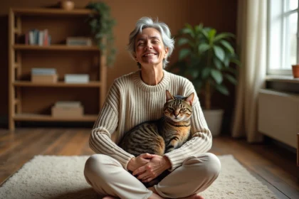 Femme tenant tendrement un chat tigré contre elle, illustrant le lien affectif profond entre les humains et leurs animaux de compagnie