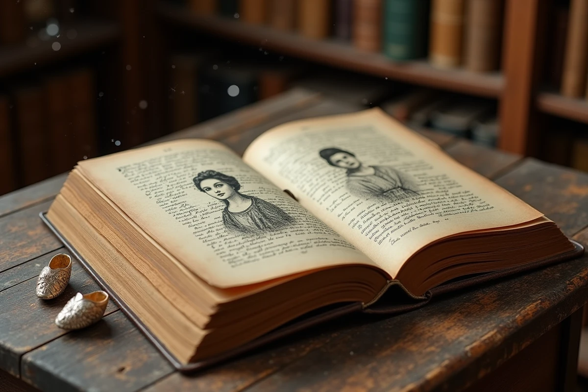 Livre de contes ancien ouvert sur une table en chêne avec des figurines de pantoufles de verre, illustrant l'histoire et le nom de Cendrillon