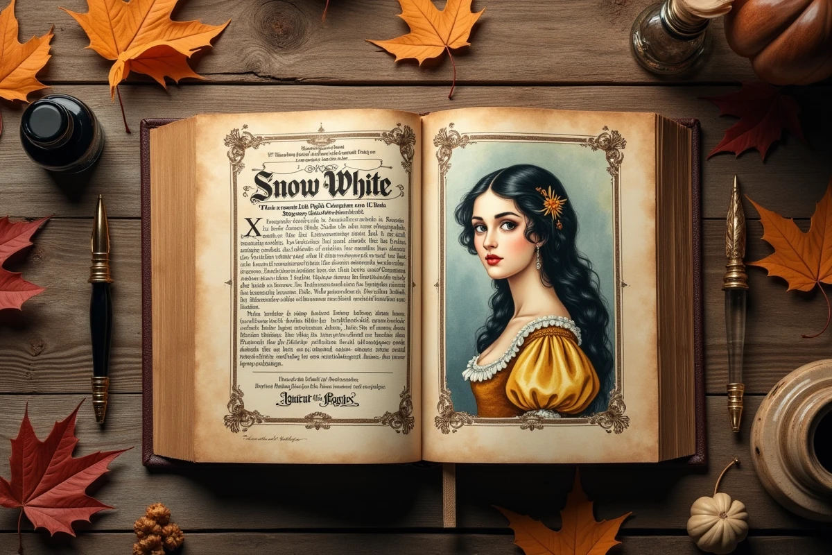 Vieux livre de contes ouvert avec illustrations aquarelle de Blanche-Neige et traductions de son prénom en plusieurs langues