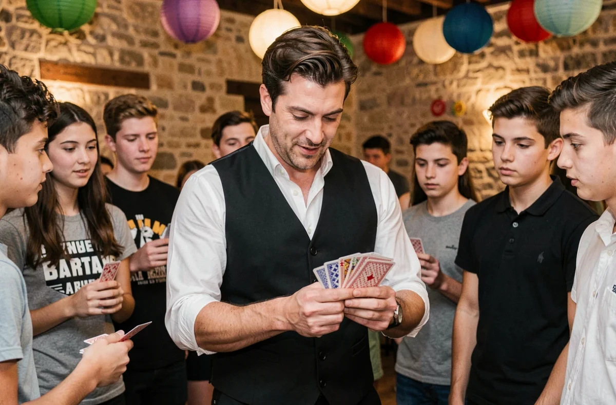 Magicien Magic Tao réalisant un tour de cartes pour des adolescents lors d'un anniversaire à Limoges