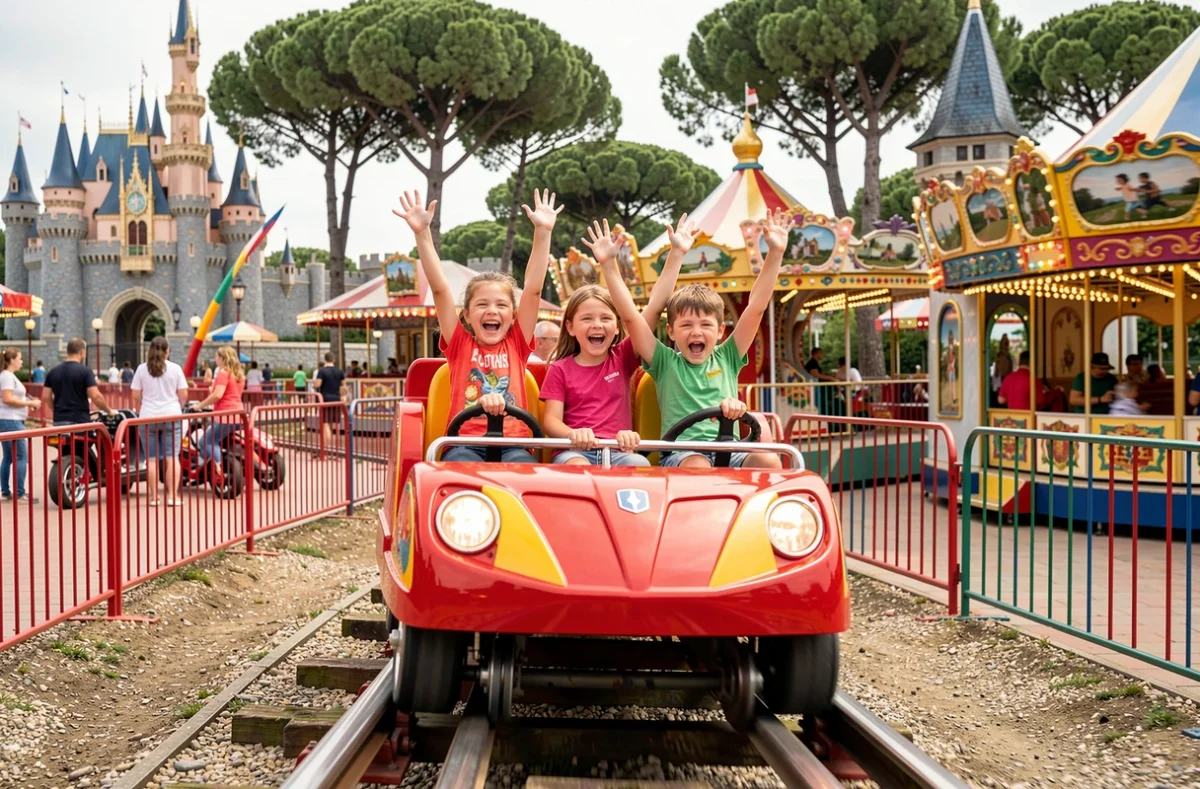 Enfants sur les montagnes russes de Magic World, un parc de loisirs du Var