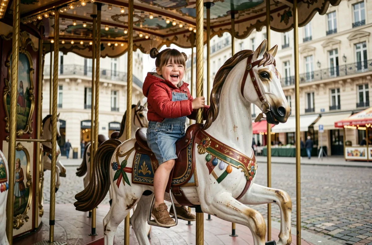Petite fille de 3 ans sur un manège parisien en plein air dans un square de quartier