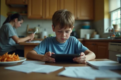 Enfant seul devant une tablette dans une cuisine désordonnée, symbolisant le manque d'attention parentale et ses effets sur l'éducation