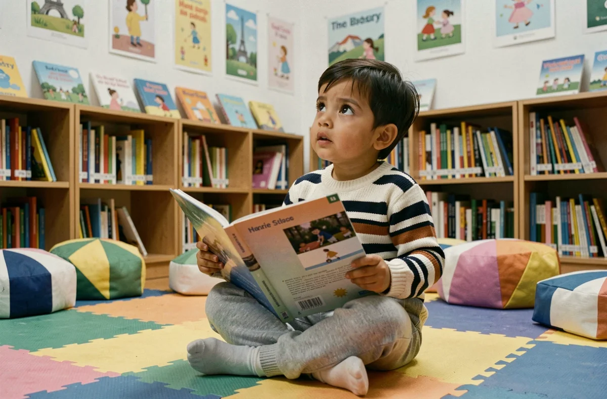 Enfant de 3 ans lisant un livre illustré dans un coin lecture d'une médiathèque municipale à Paris