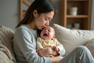 Mère tenant son bébé en pleurs lors d'une poussée dentaire, joues rouges et poing contre la bouche