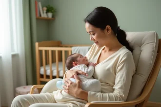 Jeune mère allaitant son nourrisson au biberon dans un rocking chair dans une chambre de bébé apaisante, illustrant la transition vers l'allaitement mixte