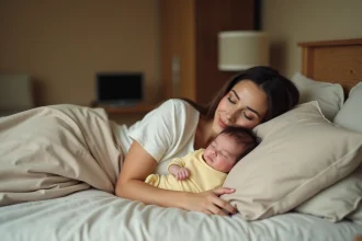Jeune mère pratiquant le cododo avec son nouveau-né sur un matelas ferme avec des draps en lin beige