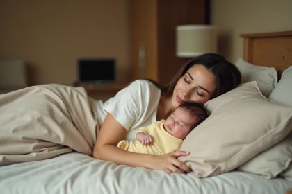Jeune mère pratiquant le cododo avec son nouveau-né sur un matelas ferme avec des draps en lin beige