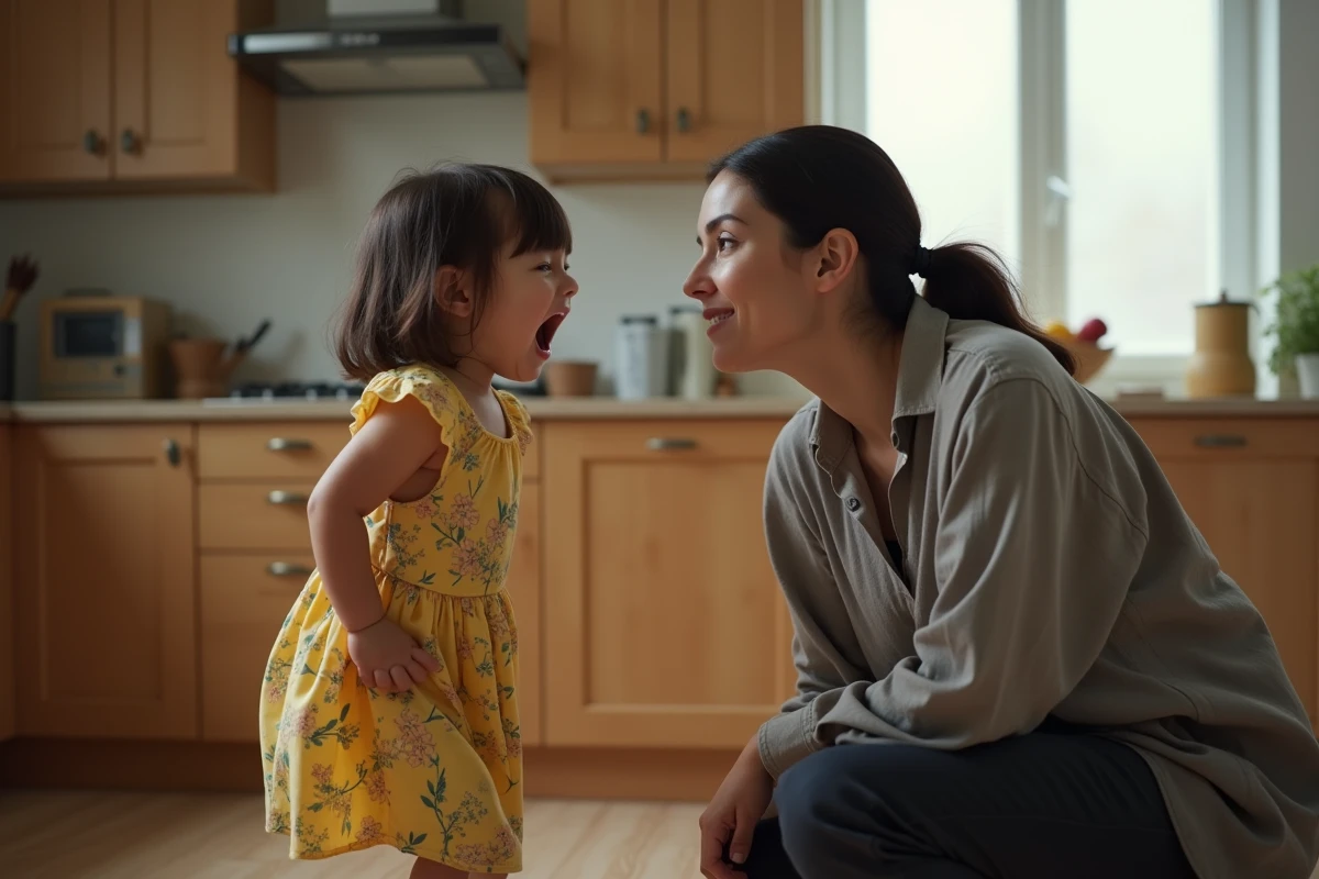 Mère agenouillée face à sa petite fille en crise de colère dans une cuisine, illustrant la gestion parentale des émotions incontrôlables chez l'enfant