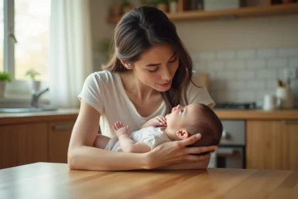 Mère tenant son nourrisson de 3 mois dans ses bras dans une cuisine familiale, illustrant l'allaitement exclusif avant la diversification alimentaire