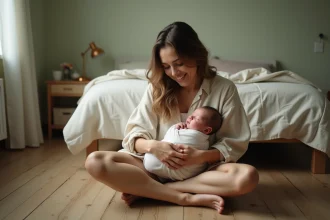 Mère épuisée et émue tenant son nouveau-né endormi contre elle sur un plancher en bois, illustrant l'impact émotionnel de la parentalité