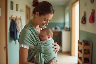 Jeune mère attachant son bébé dans un porte-bébé en lin vert sauge à l'entrée d'une crèche