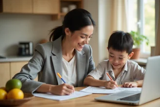 Mère travaillant à domicile sur son ordinateur portable dans la cuisine pendant que son enfant joue à côté d'elle, illustrant la conciliation travail-famille