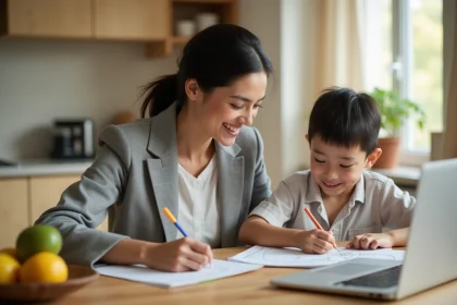 Mère travaillant à domicile sur son ordinateur portable dans la cuisine pendant que son enfant joue à côté d'elle, illustrant la conciliation travail-famille