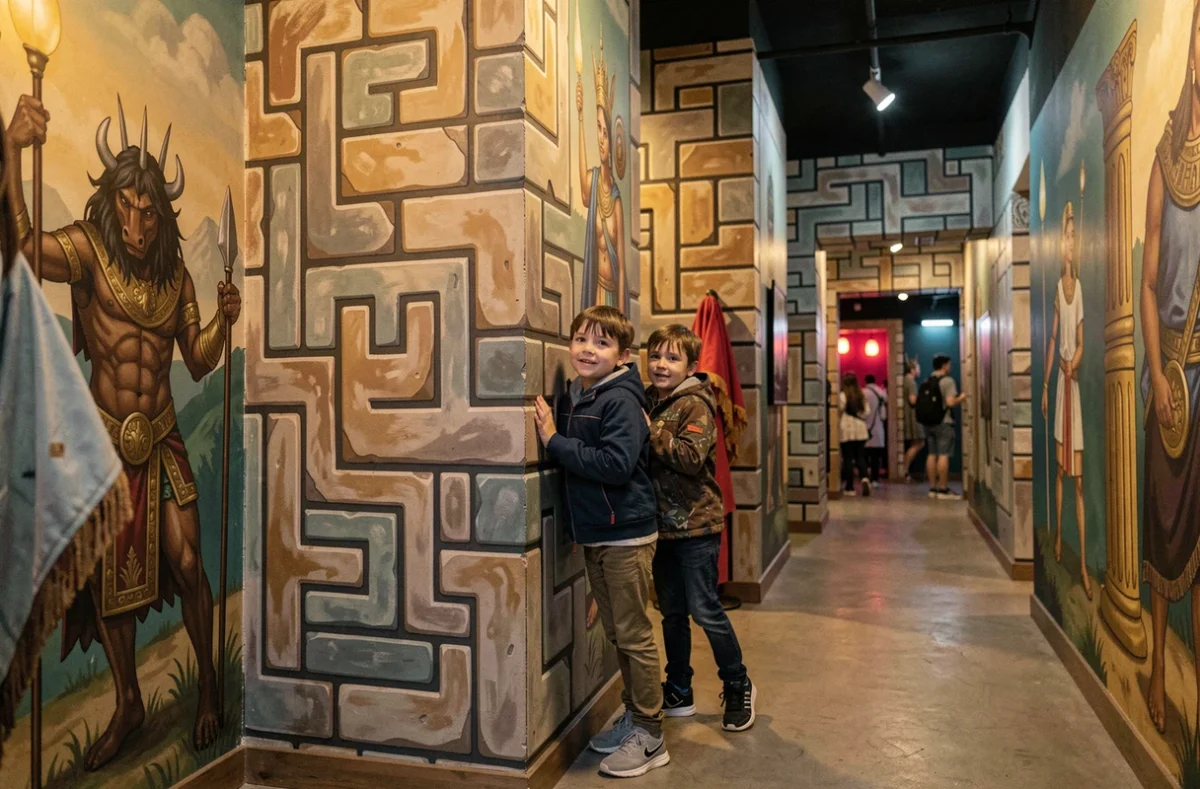 Deux enfants explorant le labyrinthe mythologique intérieur de Minotopia dans le Var