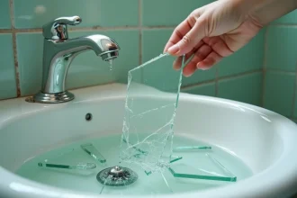 Miroir brisé dans une salle de bain avec éclats de verre sur un lavabo blanc, symbolisant la superstition des 7 ans de malheur