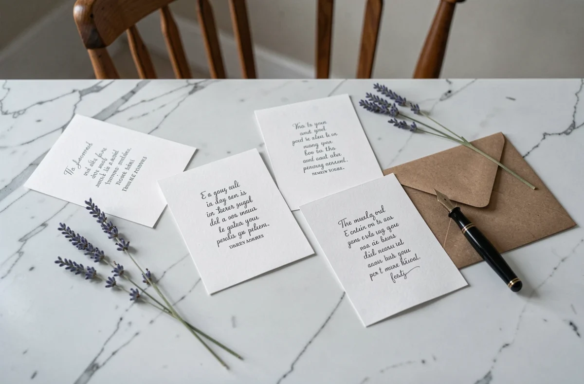 Mise en scène de plusieurs cartes poèmes pour les parents imprimées sur marbre blanc avec plume et lavande séchée