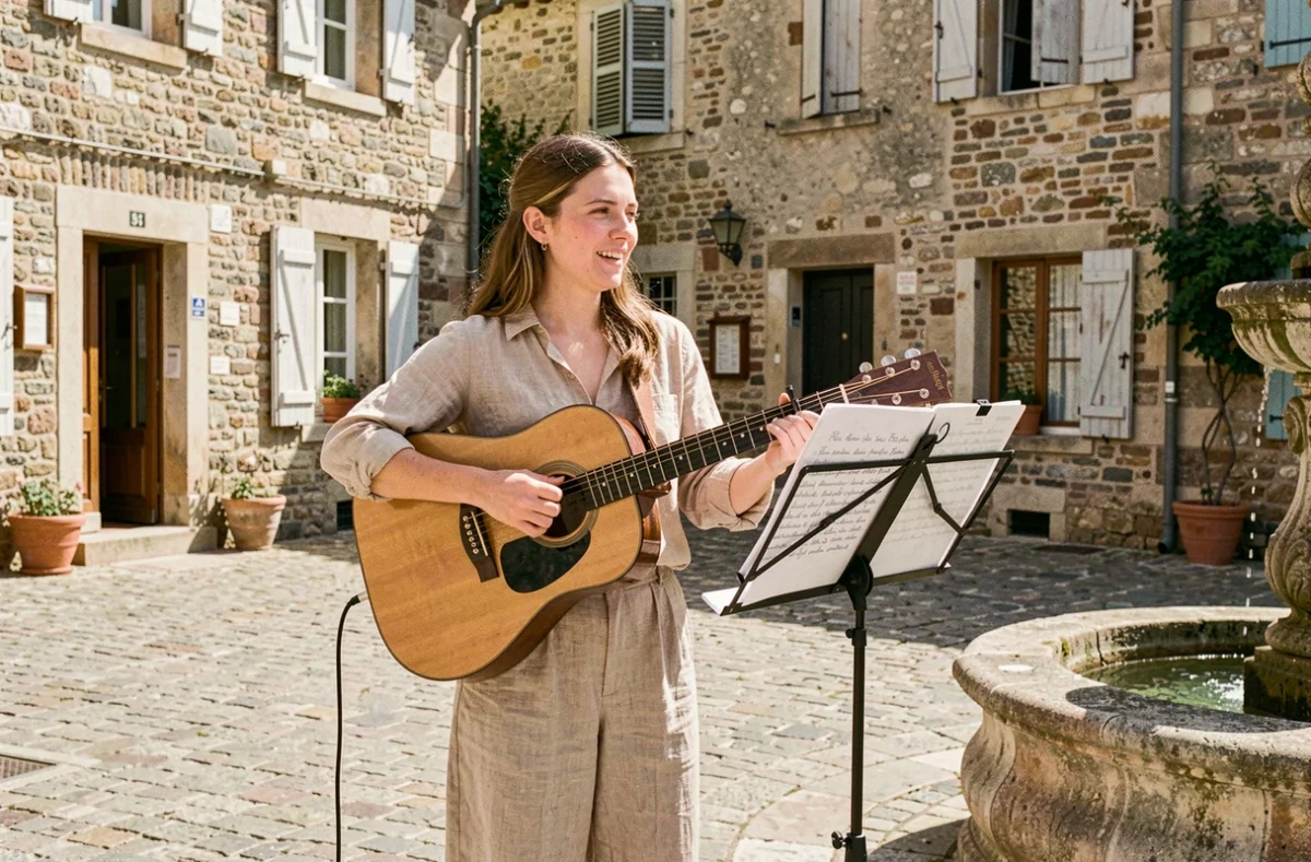 Musicienne folk jouant de la guitare dans un village provençal lors d'une animation de comptines régionales