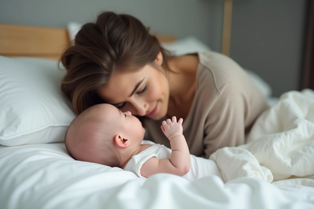 Nouveau-né explorant le visage de sa maman allongée sur un lit blanc, main bébé posée sur le nez de la mère
