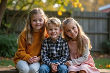 Trois frères et sœurs d'âges différents assis ensemble dans un jardin, illustrant les dynamiques de personnalité liées à l'ordre de naissance