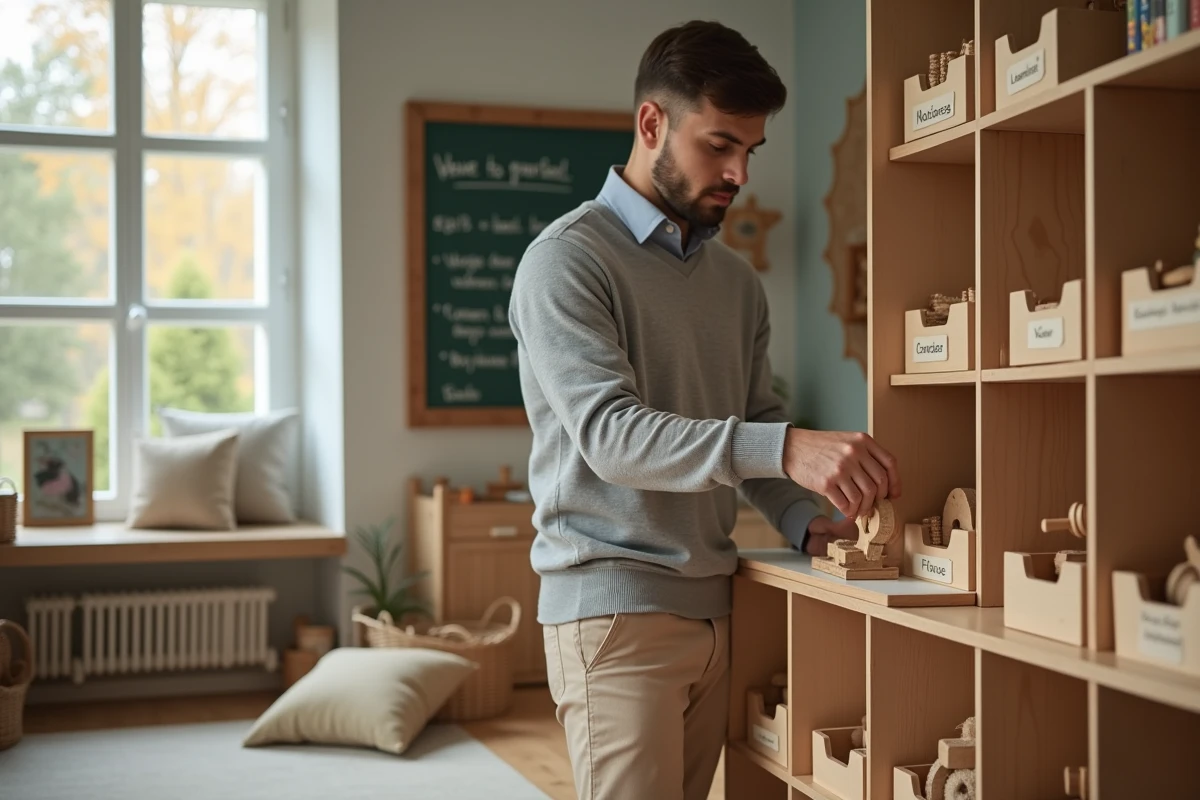 Éducateur Montessori remettant soigneusement un puzzle à sa place attitrée sur une étagère, illustrant le respect de l'ordre et des règles en classe
