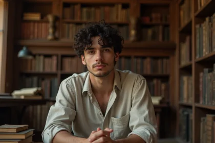 Jeune homme pensif dans une bibliothèque ancienne entouré de livres historiques évoquant l'origine du prénom Noah