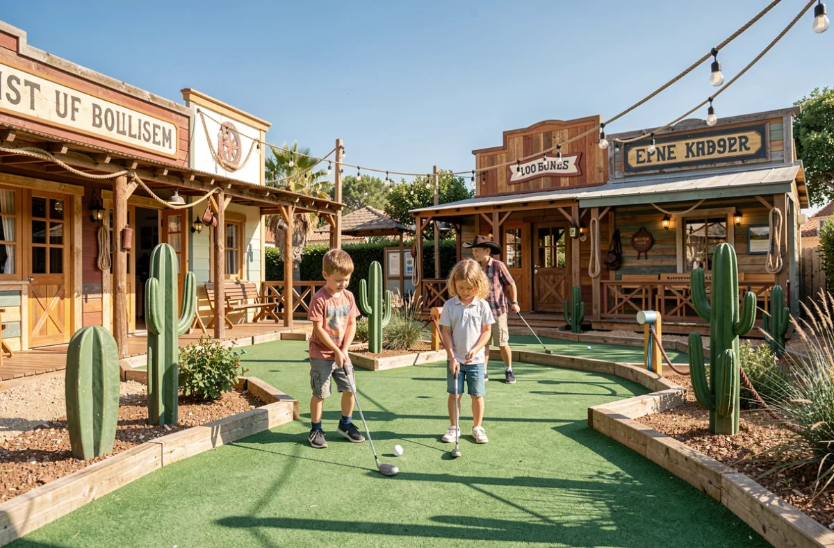 Famille jouant au mini-golf dans le décor western coloré de Palomano à Toulon