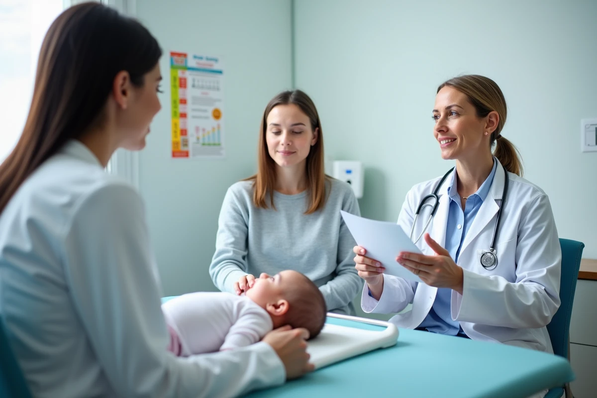 Pédiatre expliquant les recommandations sur la diversification alimentaire à des jeunes parents lors d'une consultation médicale
