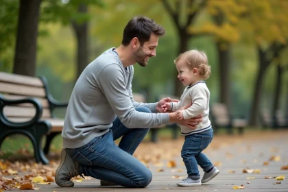 Jeune père aidant son enfant à marcher dans un parc en automne, moment de complicité paternelle