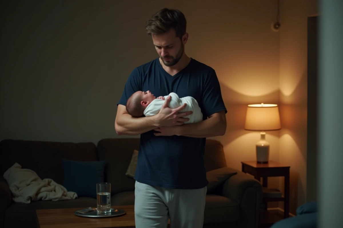 Père épuisé qui fait les cent pas en berçant son bébé qui pleure dans le salon le soir