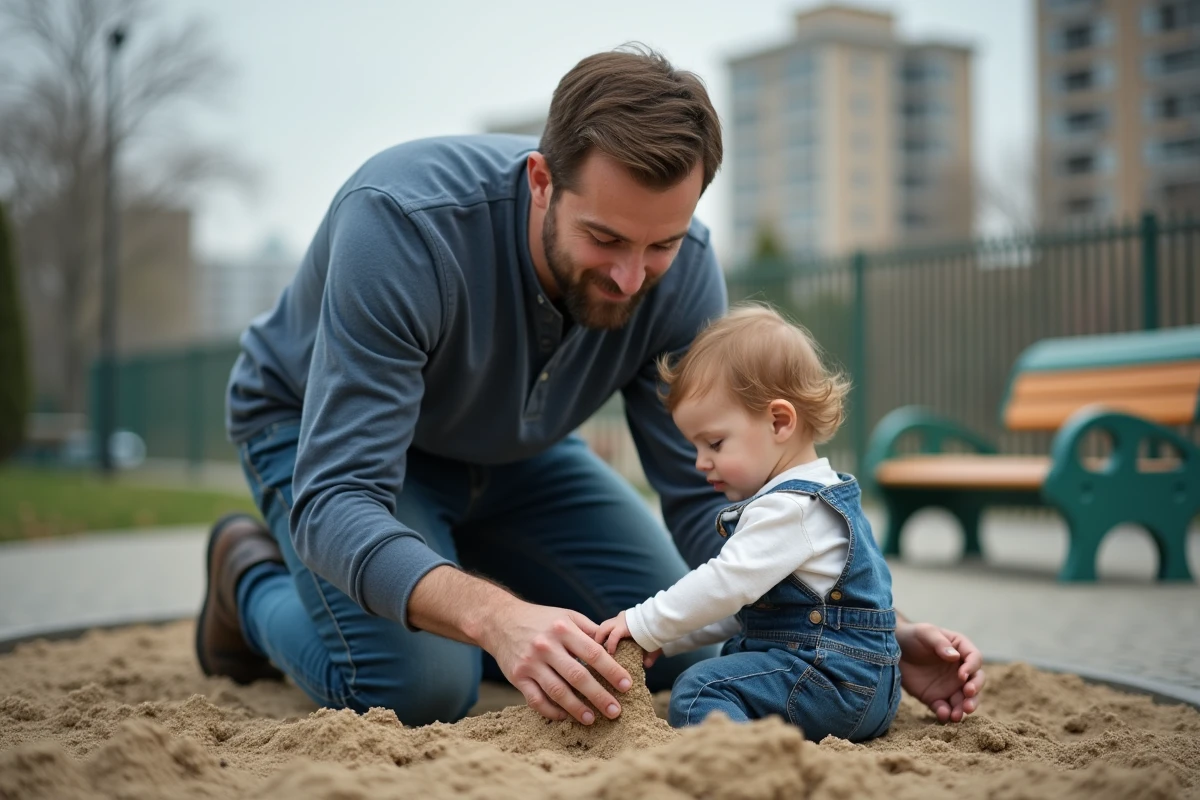 Père agenouillé dans un bac à sable accompagnant son enfant en bas âge, capturant un moment de connexion émotionnelle intense entre parent et enfant