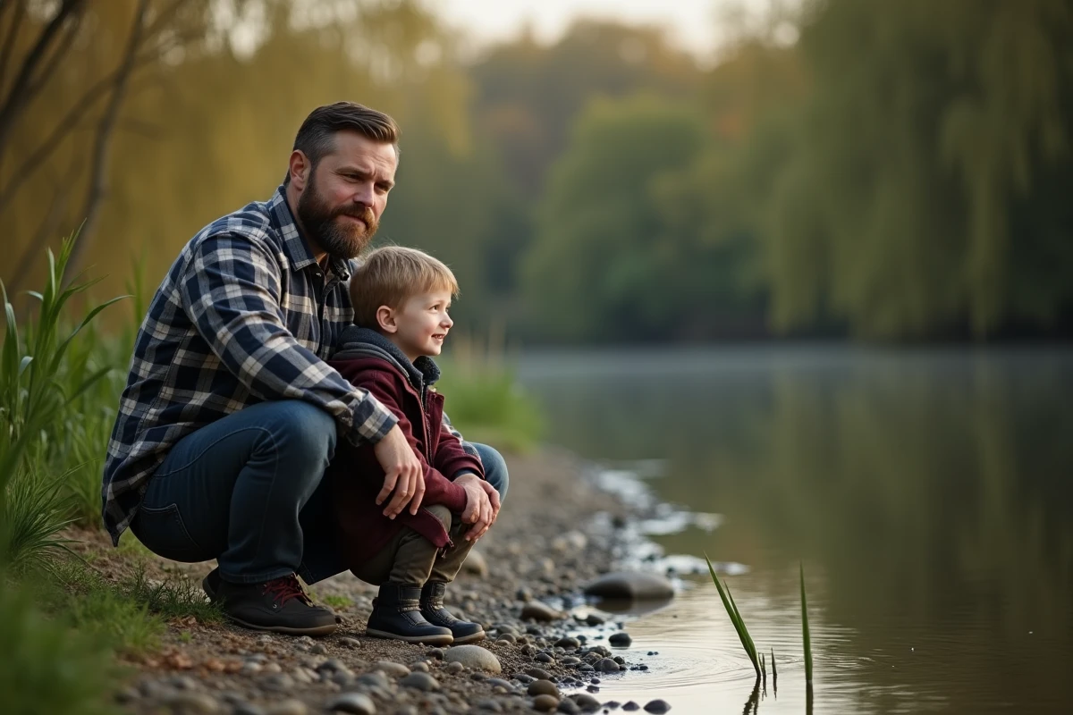 Père et jeune enfant au bord d'une rivière calme symbolisant la signification du prénom Noah lié à l'eau et au repos