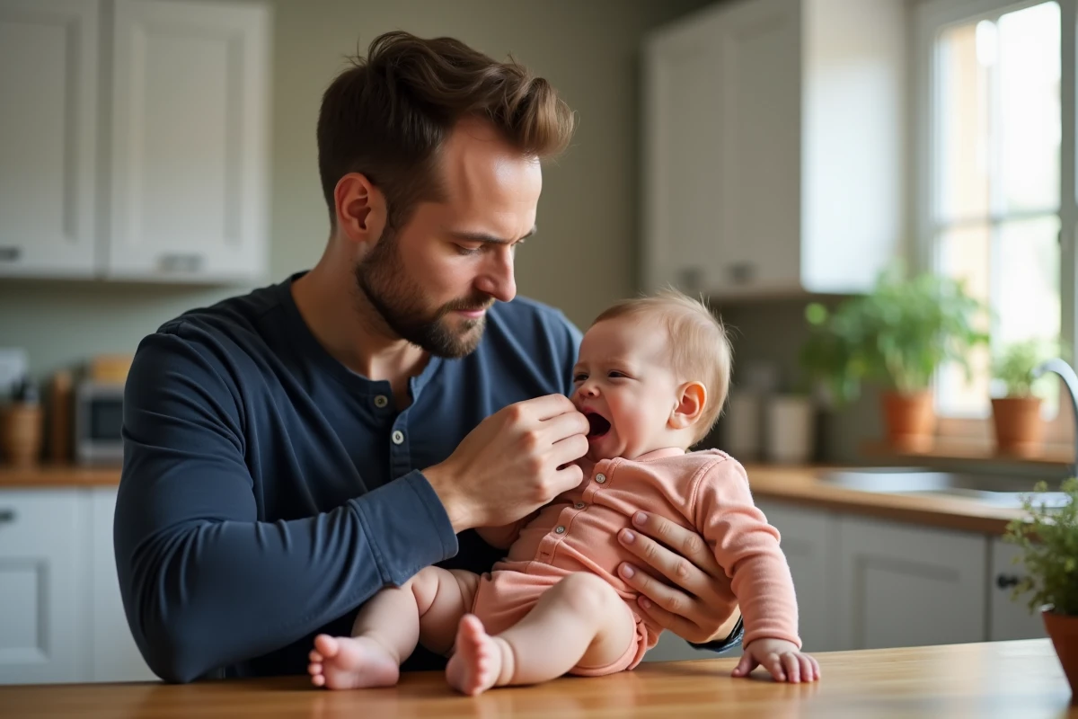 Père examinant les gencives de son bébé en pleurs pour détecter une poussée dentaire