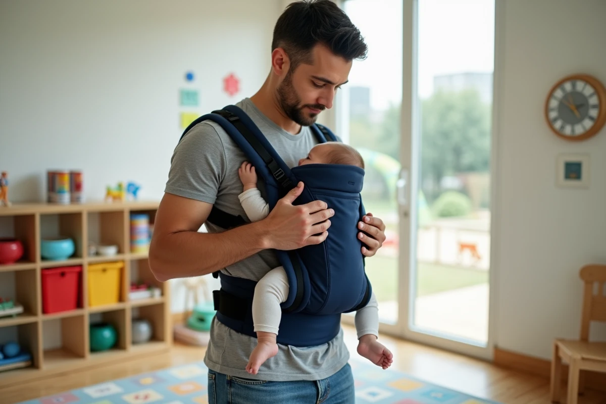Père installant son nourrisson dans un porte-bébé ergonomique dans une salle de crèche