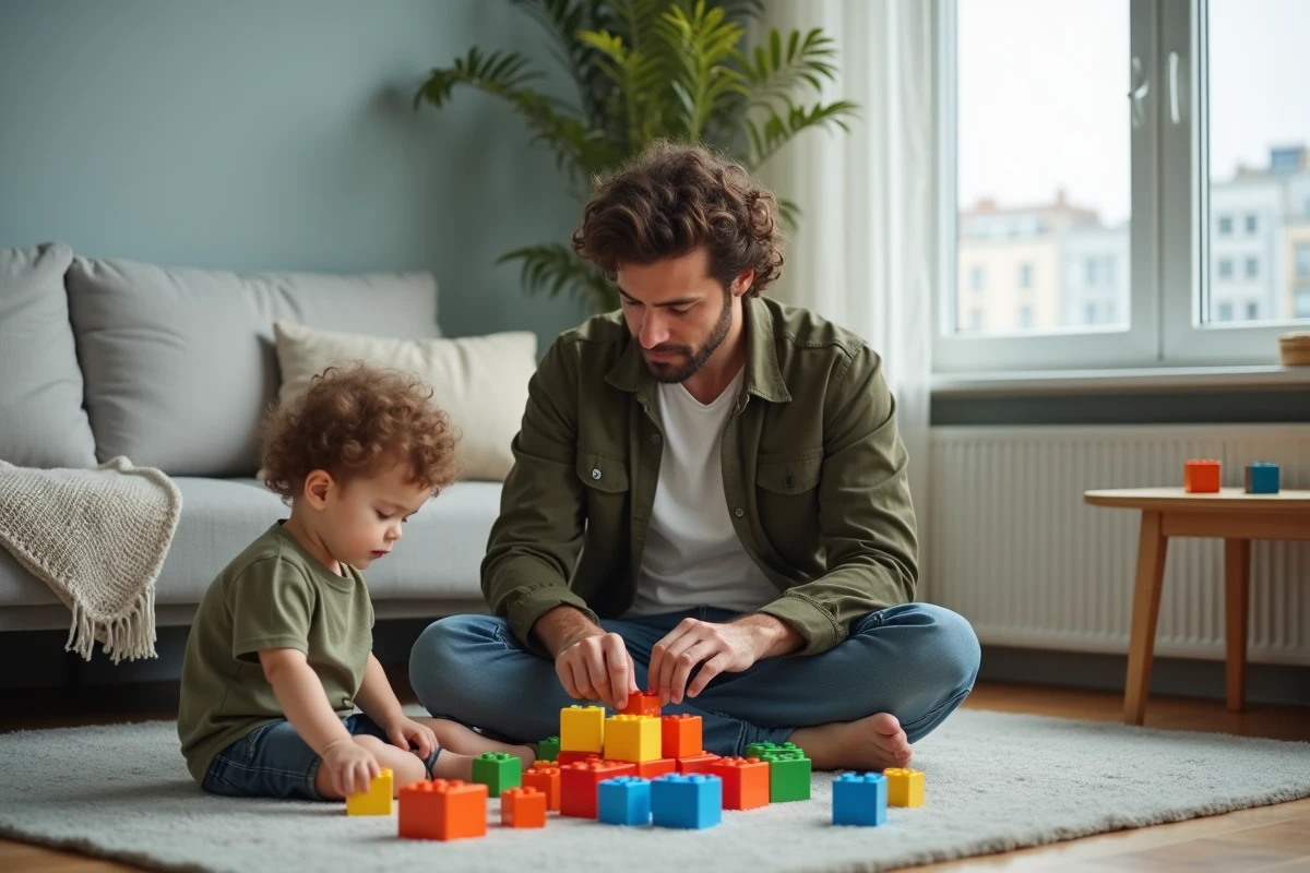 Père jouant avec des blocs de construction avec son enfant dans un salon moderne, implication parentale