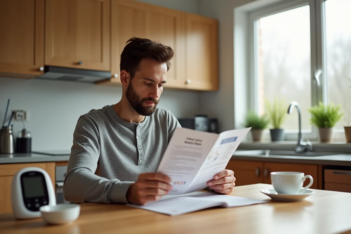 Père lisant une brochure sur la sécurité du sommeil partagé et la prévention de la mort subite du nourrisson