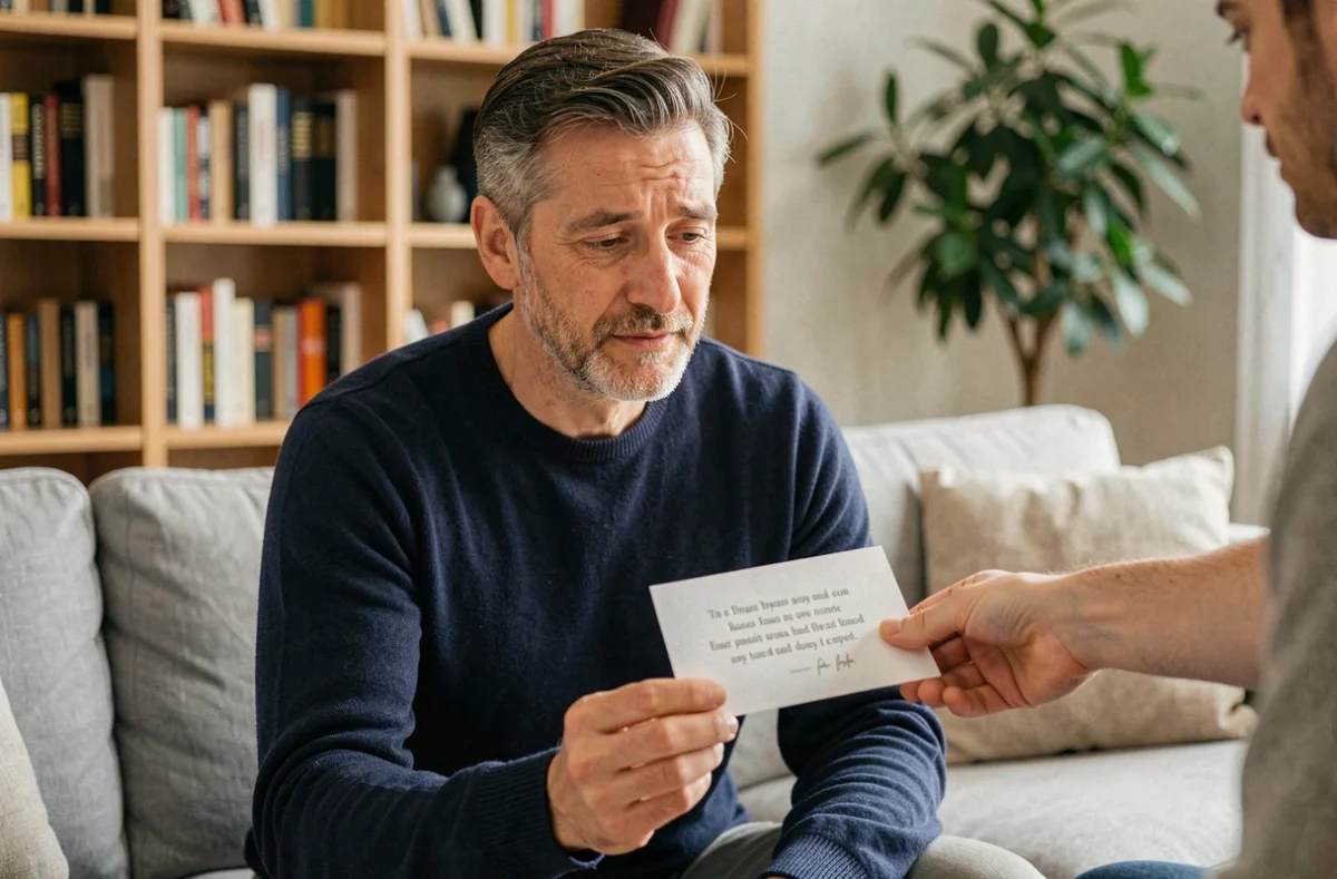Père ému recevant une carte poème imprimée des mains de son enfant adulte dans un salon moderne et confortable