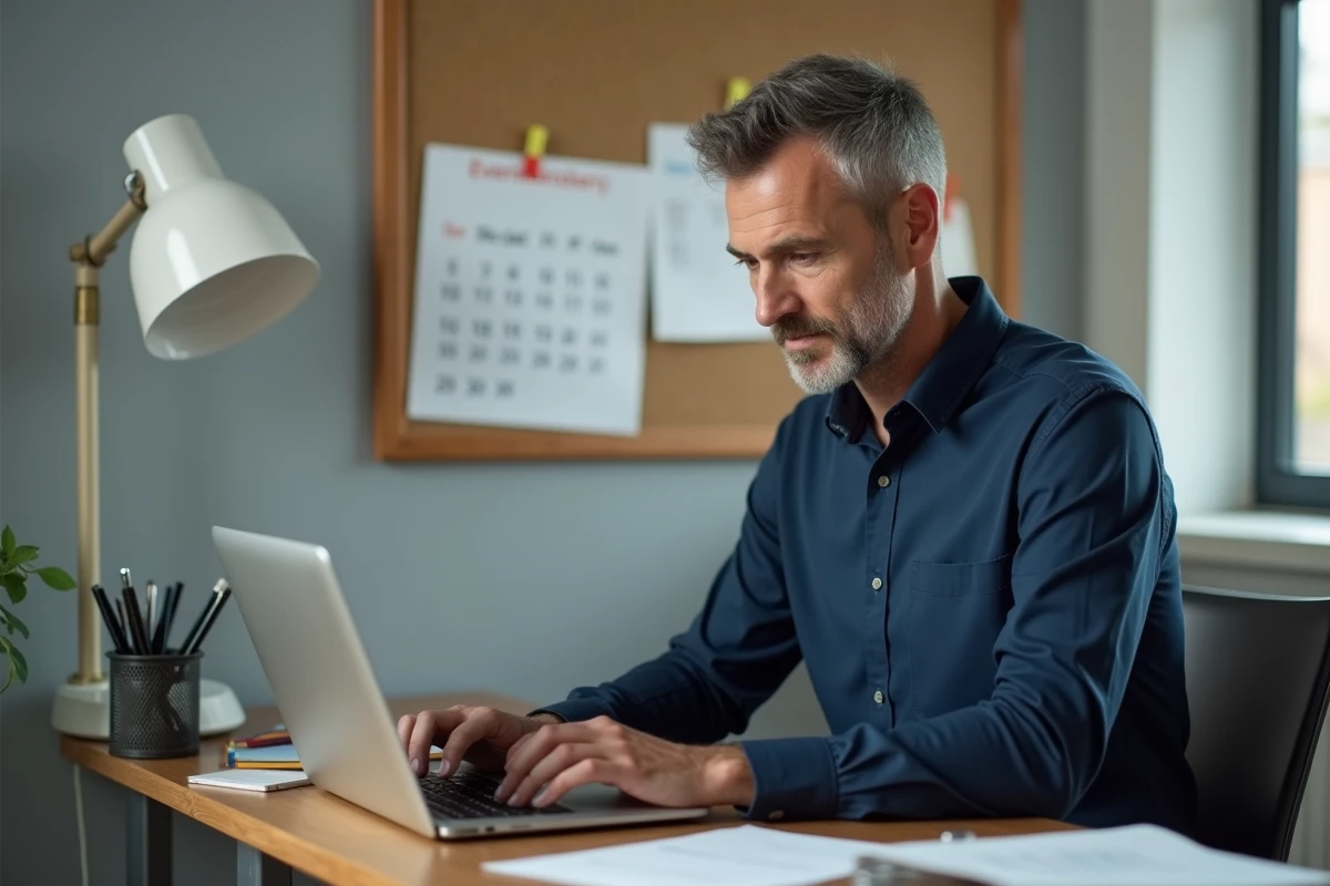 Père tapant une lettre d'absence scolaire sur un ordinateur portable dans un bureau à domicile organisé avec un calendrier scolaire affiché