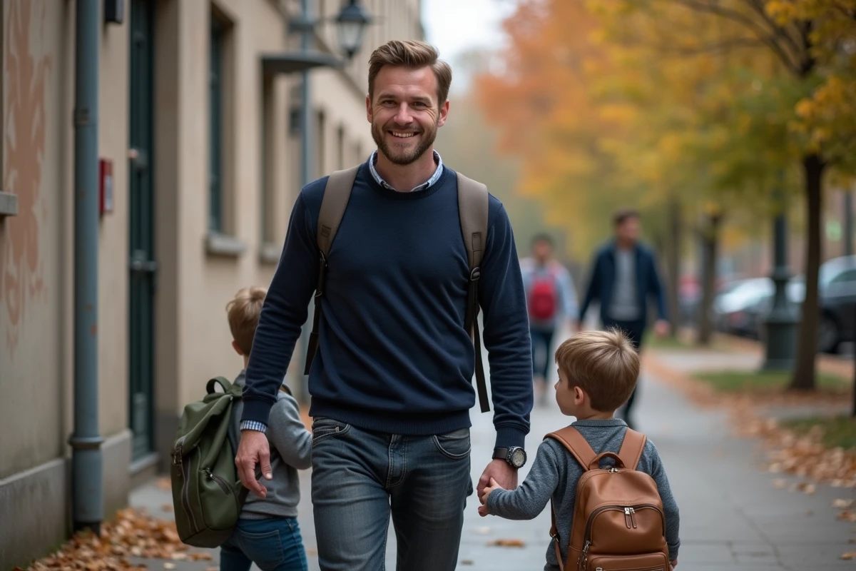 Père récupérant ses enfants à la sortie de l'école en automne, représentant l'organisation familiale et le partage des responsabilités parentales