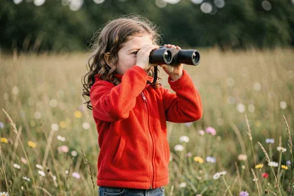 Petite fille utilisant une jumelle enfant compacte dans un champ de fleurs sauvages