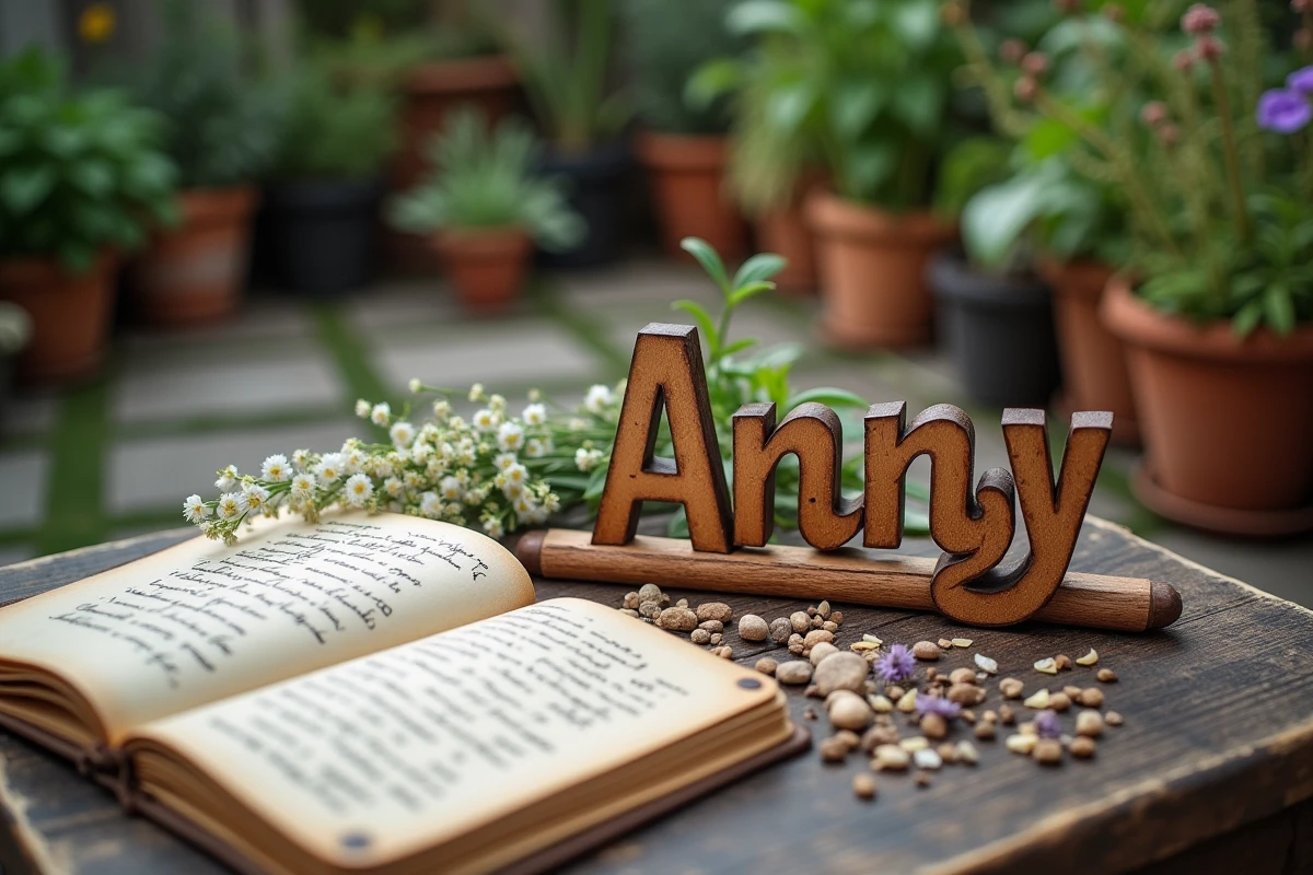 Plaque gravée du prénom Anny posée sur une table en bois entourée de fleurs sauvages et d'un carnet vintage