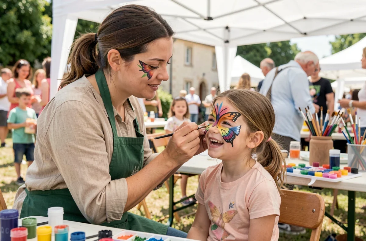 Animatrice de Pomme Verte réalisant un maquillage papillon sur une enfant lors d'un anniversaire à Chasseneuil-du-Poitou