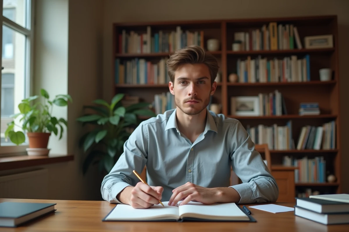 Jeune homme premier-né concentré à son bureau, symbolisant le sens des responsabilités associé aux aînés selon la psychologie de l'ordre de naissance