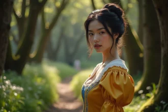 Jeune femme aux cheveux noirs et à la peau pâle vêtue d'une robe inspirée du conte Blanche-Neige dans une forêt enchantée