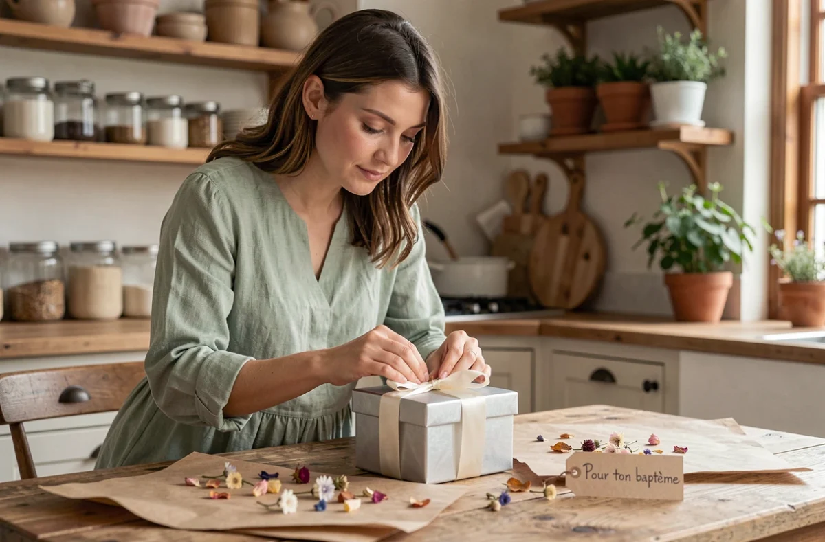 Jeune femme préparant un cadeau de baptême original avec un coffret personnalisé et ruban ivoire