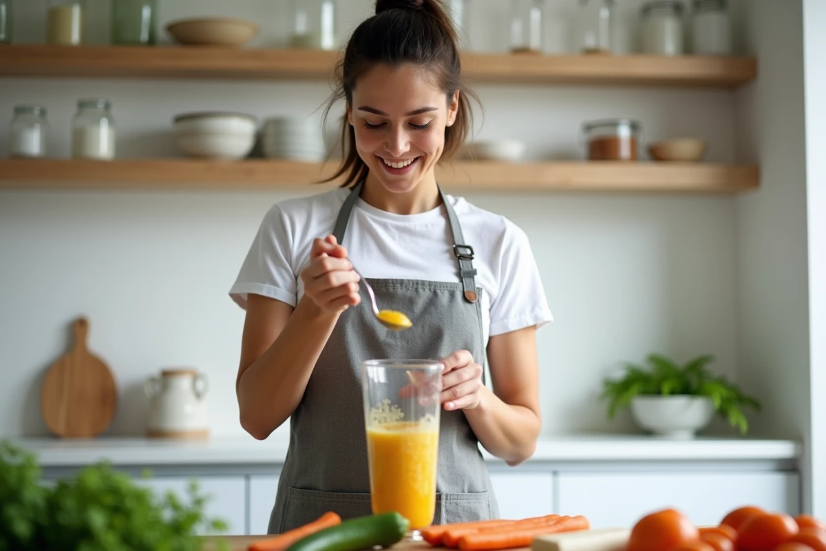 Parent préparant une purée maison pour son bébé dans une cuisine moderne