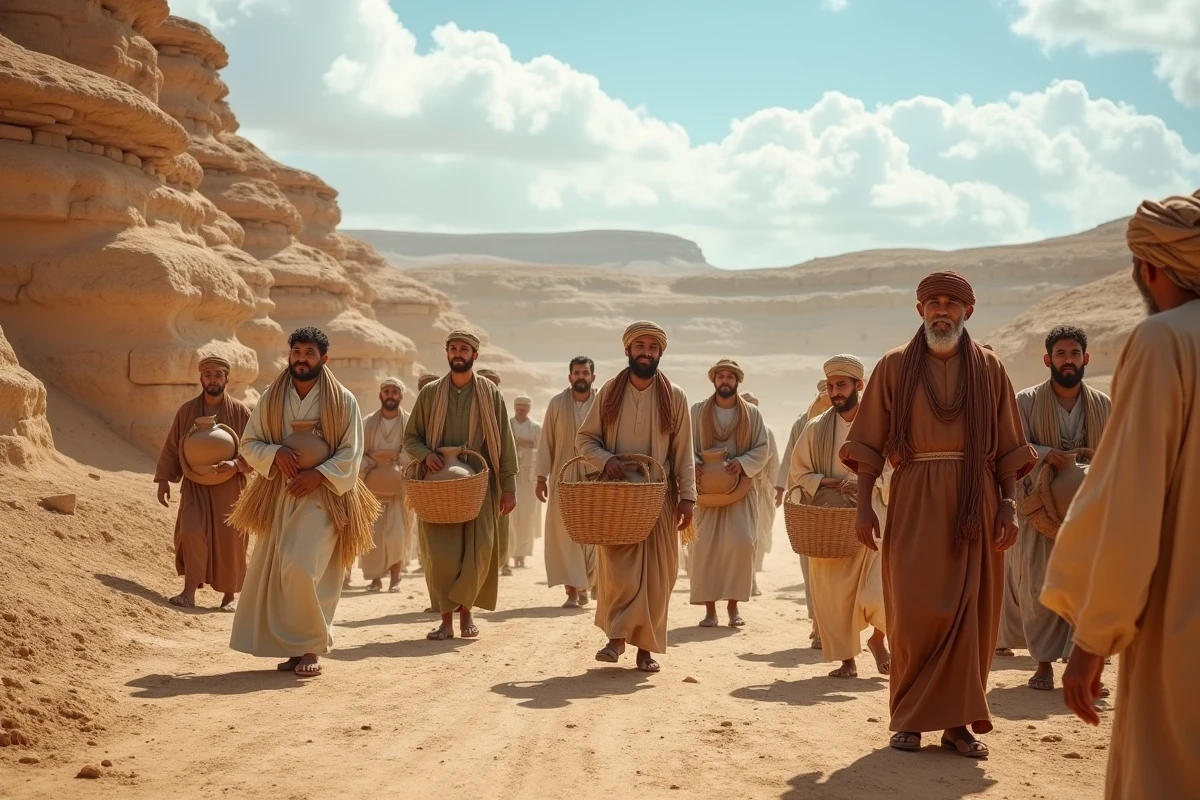 Groupe de chercheurs et habitants locaux participant à une reconstitution de fête de récolte ancienne sur un site archéologique au Moyen-Orient avec des ruines en grès
