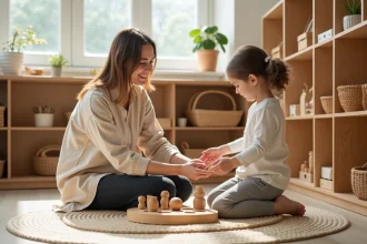 Éducatrice Montessori guidant une jeune enfant dans un exercice de comptage avec des perles en bois dans une salle de classe organisée et naturelle
