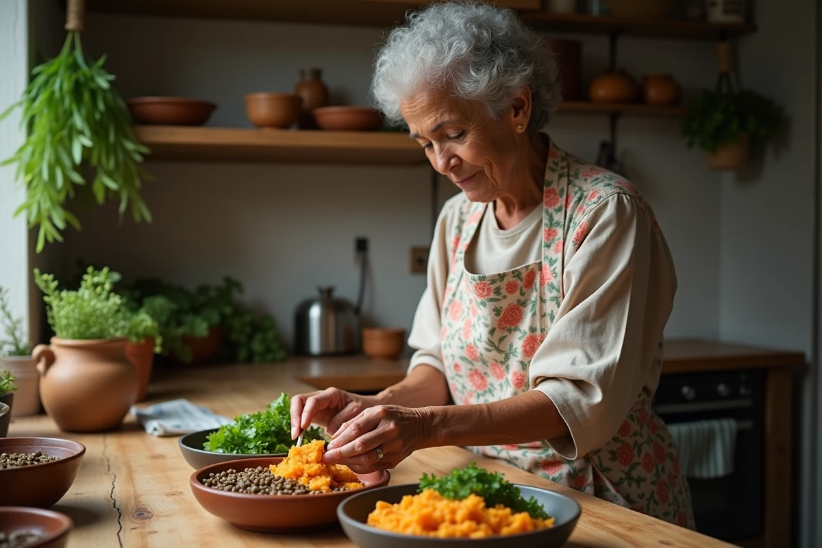 Grand-mère préparant un repas nutritif riche en légumes et légumineuses pour un enfant en convalescence